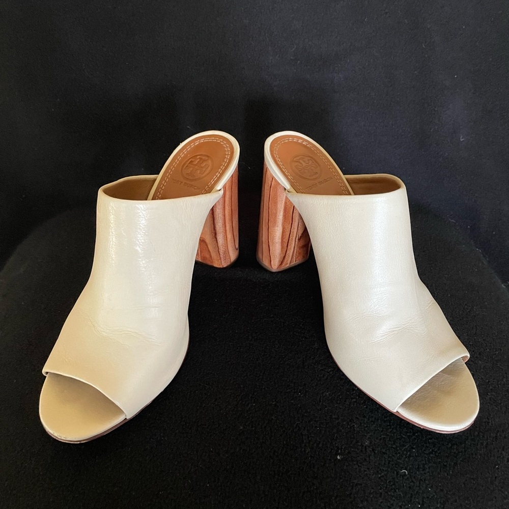 Tory Burch Raya Ivory Leather Wood Heal Sandals Mules 8